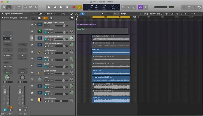 Figure 2. Multi-track audio in Logic, bouncing down to final stereo mix