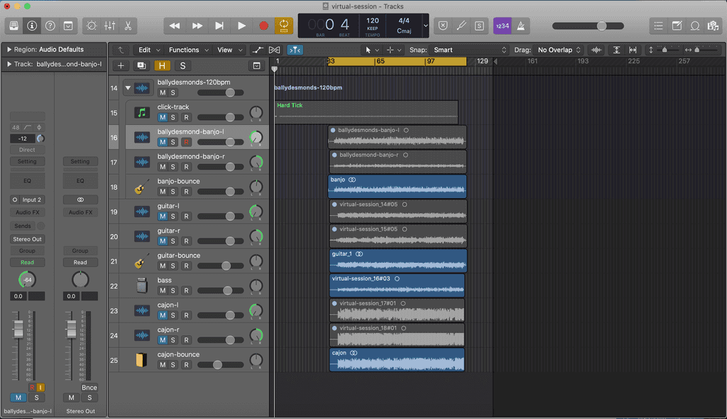 Figure 2. Multi-track audio in Logic, bouncing down to final stereo mix